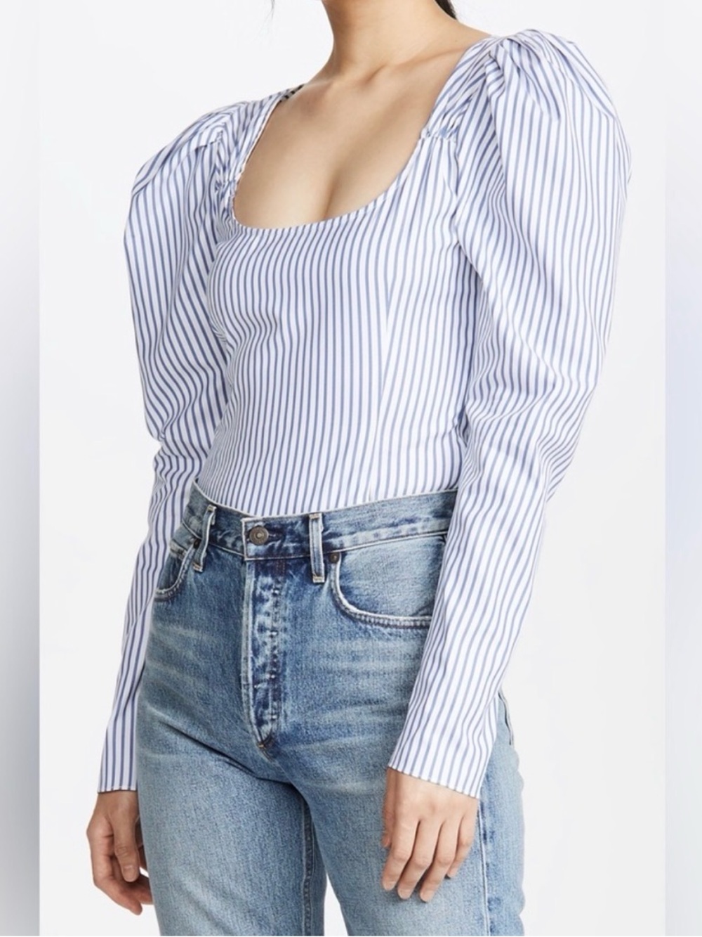 Caroline Constas Blue and White Striped Puff-Sleeve Bodysuit